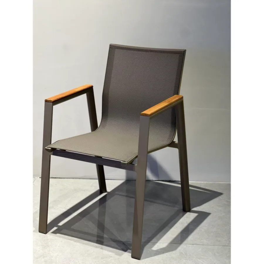 Furmeiz Aluminum Chair – Champagne Finish & Burmese Teak Armrests
