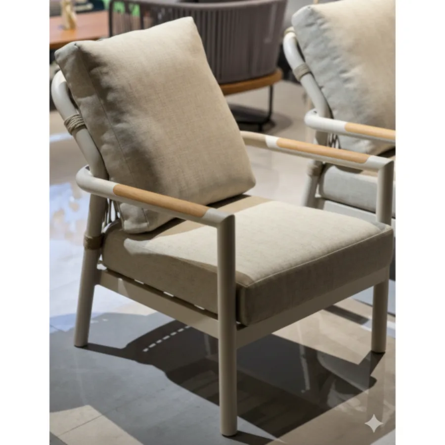 Furmeiz Single Sofa – Aluminum Frame & Teak Armrests