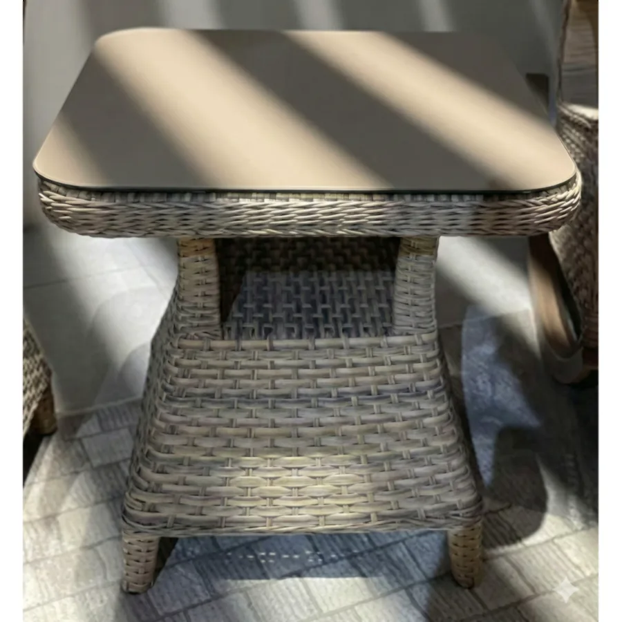 Furmeiz Coffee Table – Aluminum Frame with PE Weaving & Tempered Glass Top