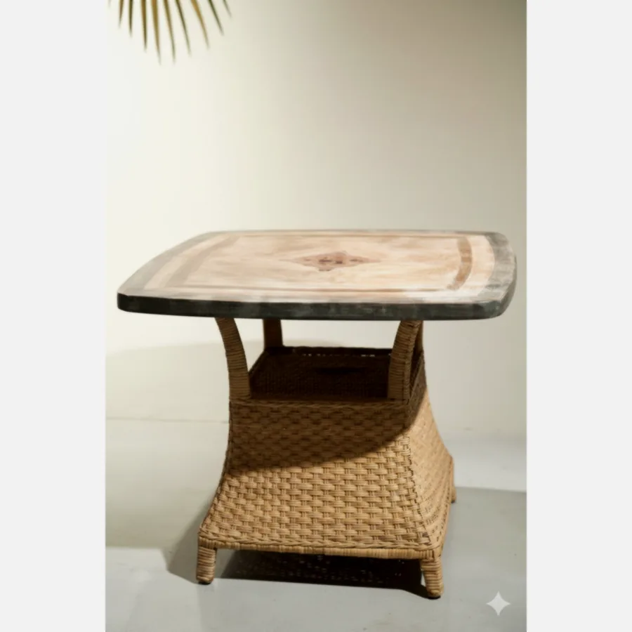 Furmeiz American-Style Square Center-Pole Table – Aluminum with PE Rattan or Stone-Look Top