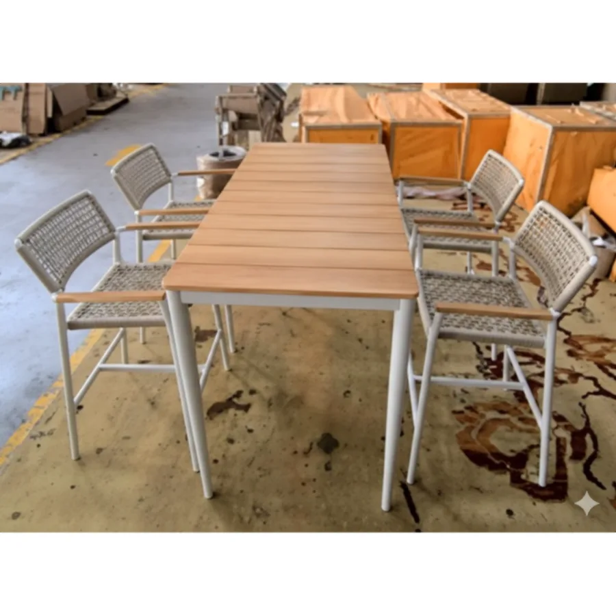 Furmeiz Outdoor Bar Chair – Teak & Aluminum, Ivory Finish