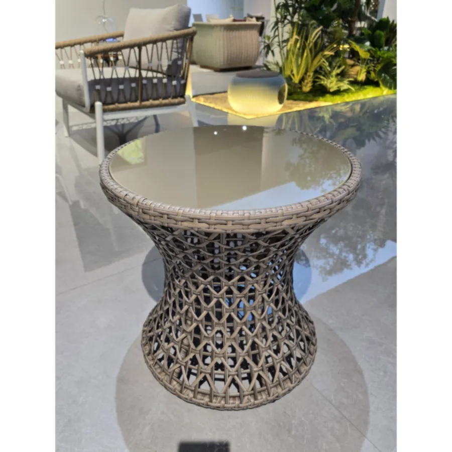 Furmeiz Side Table – Aluminum Frame with PE Wicker & Tempered Glass