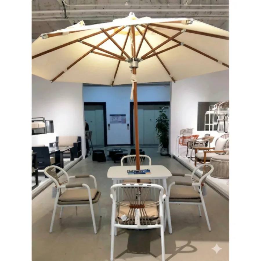 Furmeiz 2.7M Luxury Wooden Center Pole Outdoor Umbrella – Woven Fabric with Marble Base