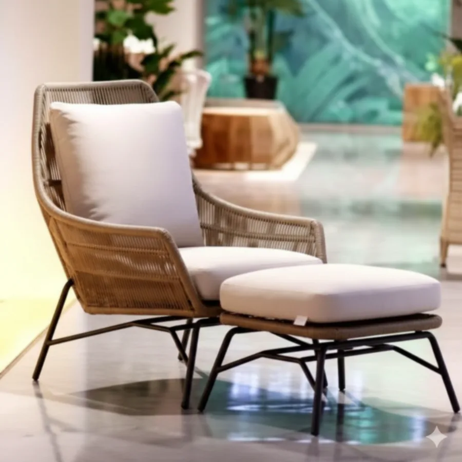 Furmeiz Free Outdoor Leisure Chair with Footrest – Aluminum Frame, Woven Rattan & Yilan Fabric 3930-003