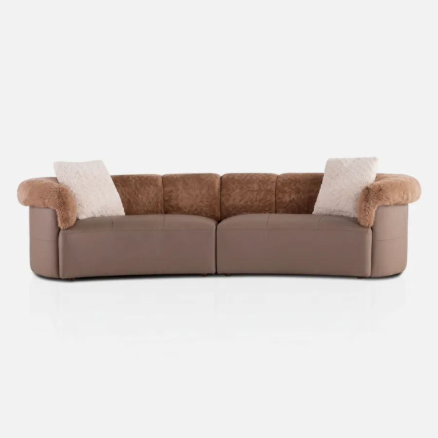 FURMEIZ Luxury Curved Semi-Leather Sofa with Fur Accents – Soft Designer Style (Pink Brown Edition)