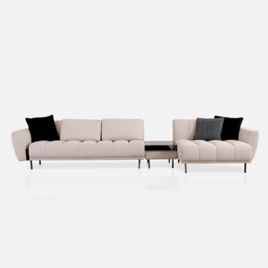 FURMEIZ Luxury L-Shape Fabric Sofa with Marble Table & Wood Arm Accents – Contemporary Design (Canary Yellow Edition)