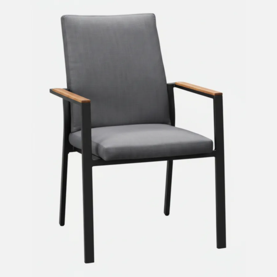 Furmeiz Upholstered Outdoor Dining Chair – Aluminum Frame with Burmese Teak Armrests & Sunbrella Fabric