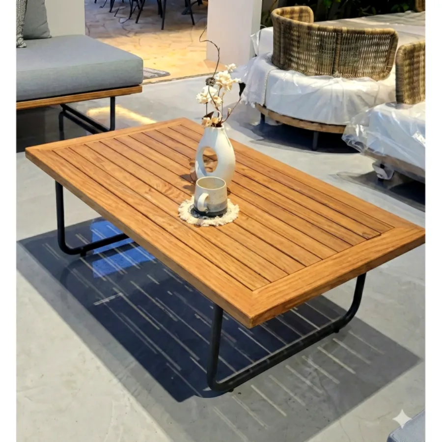 Furmeiz South American Teak Coffee Table with Aluminum Legs – Charcoal Grey