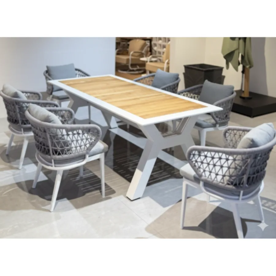 Furmeiz Rectangular Table – Aluminum Frame & Teak Top
