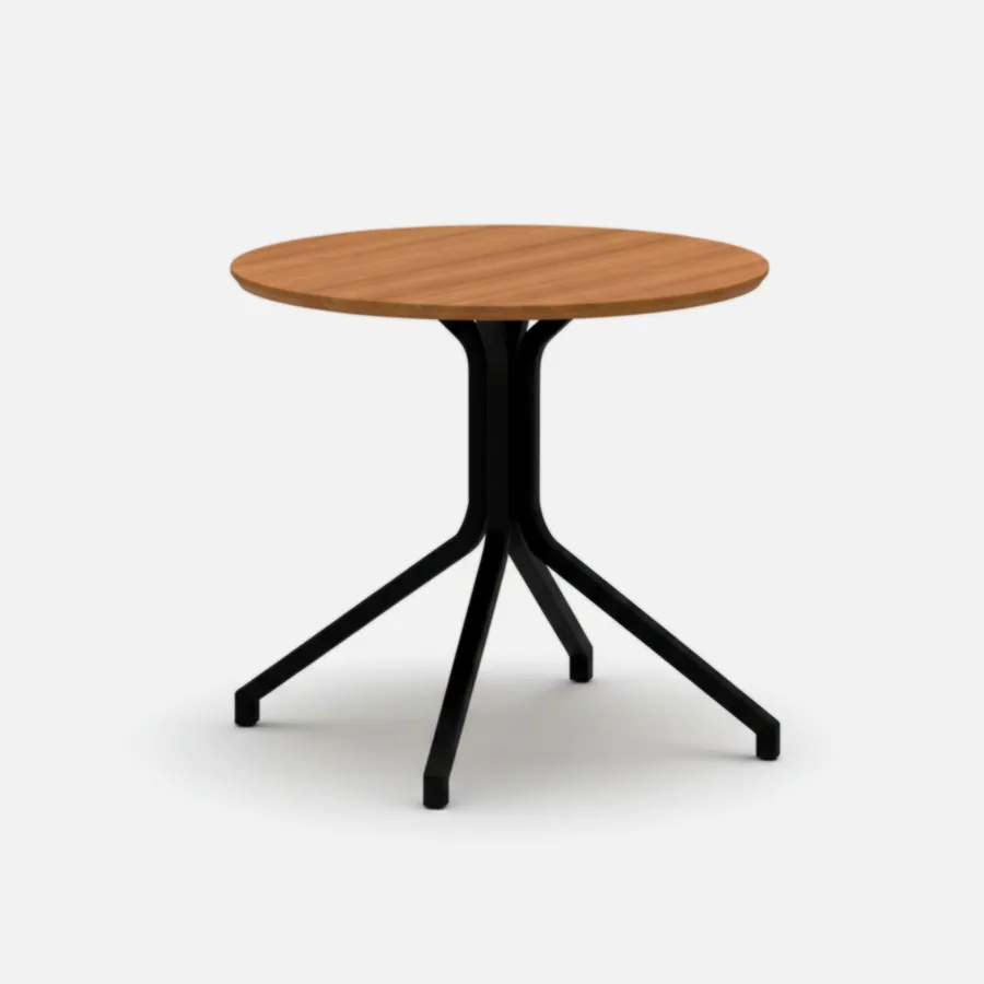 Furmeiz Round Teak Coffee Table – Aluminum Base with Burmese Teak Top
