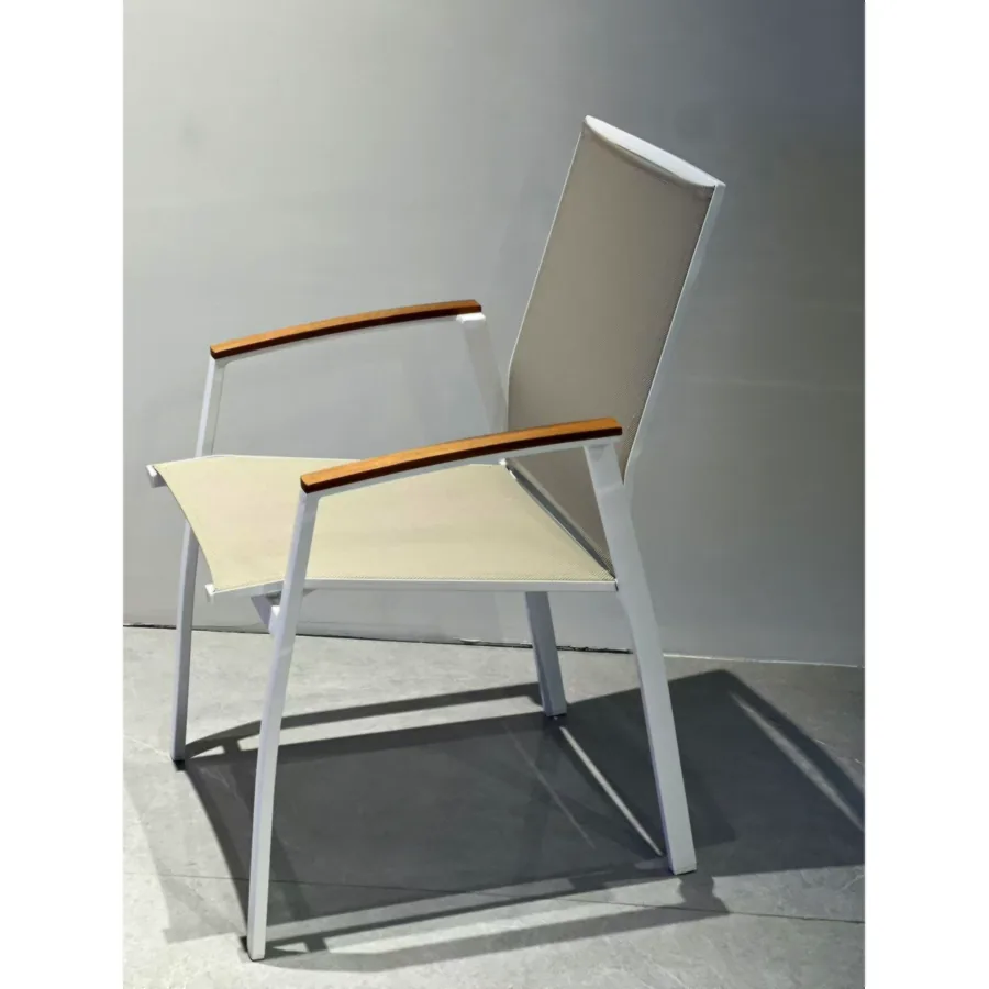 Furmeiz Aluminum Chair – White Sand Finish & Burmese Teak Armrests