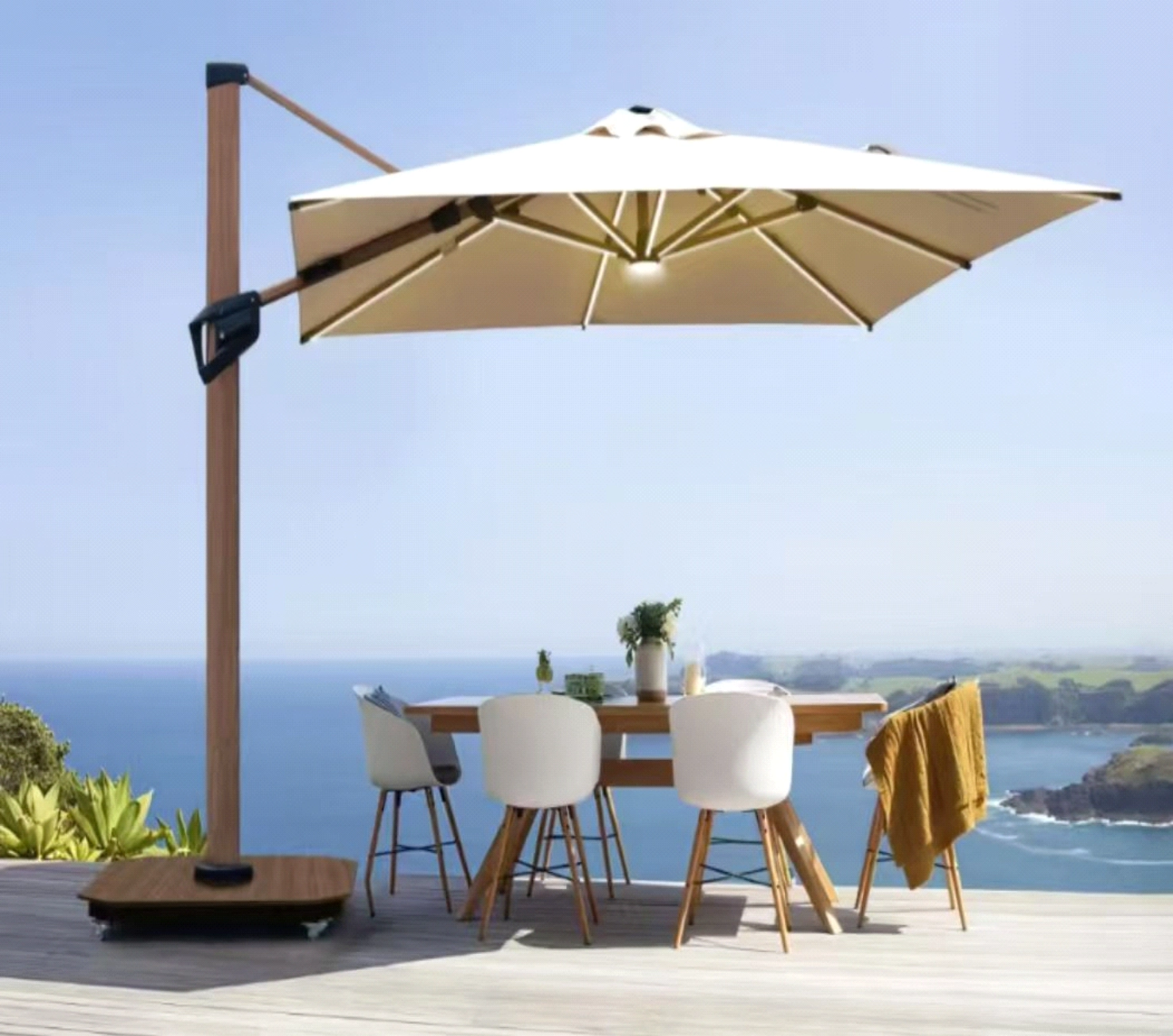 Luxury Hydraulic Outdoor Umbrella 3×3 m – Wood Grain Finish