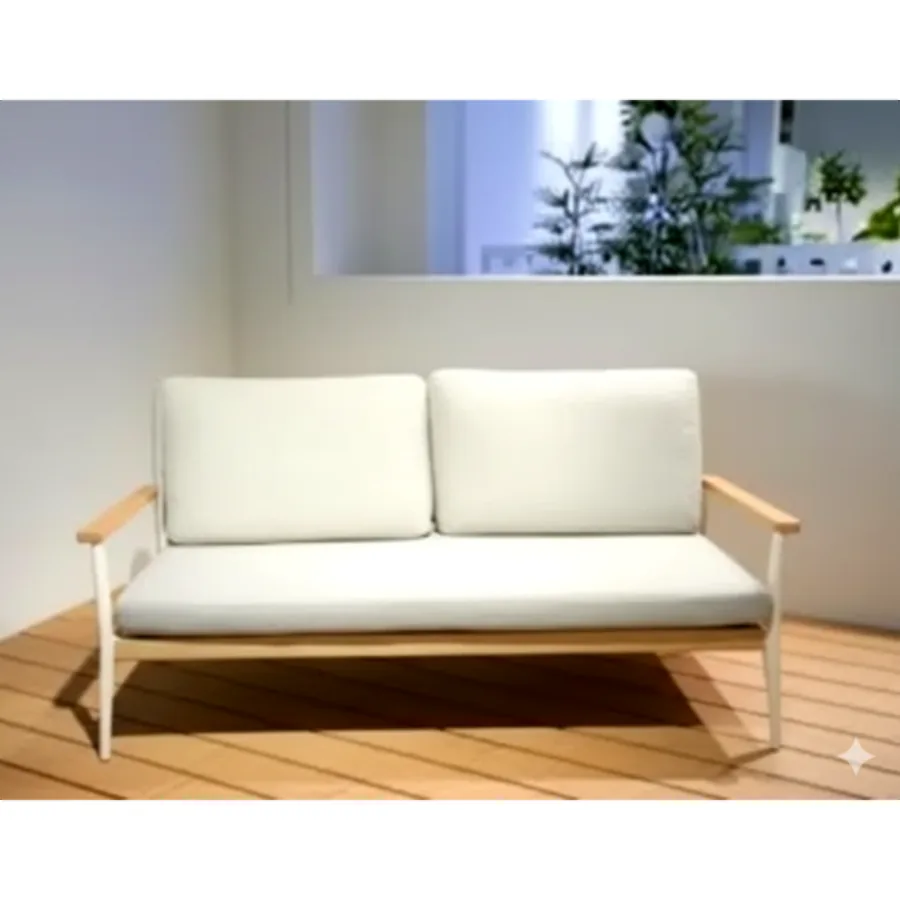 Furmeiz Outdoor Two-Seater Sofa – Teak Armrests & Ivory Finish