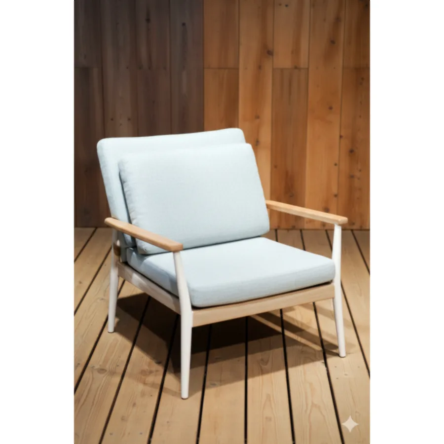 Furmeiz Outdoor Single Sofa – Teak Armrests & Ivory Finish