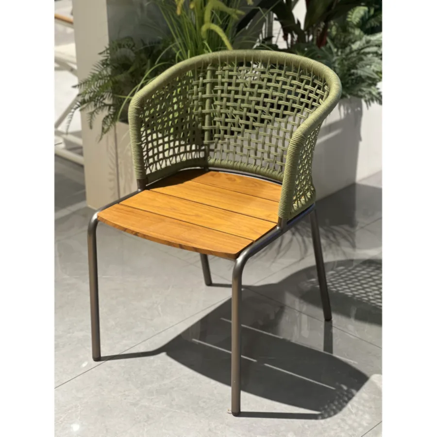 FURMEIZ Dining Chair with Aluminum Frame, Burmese Teak Seat & Rope
