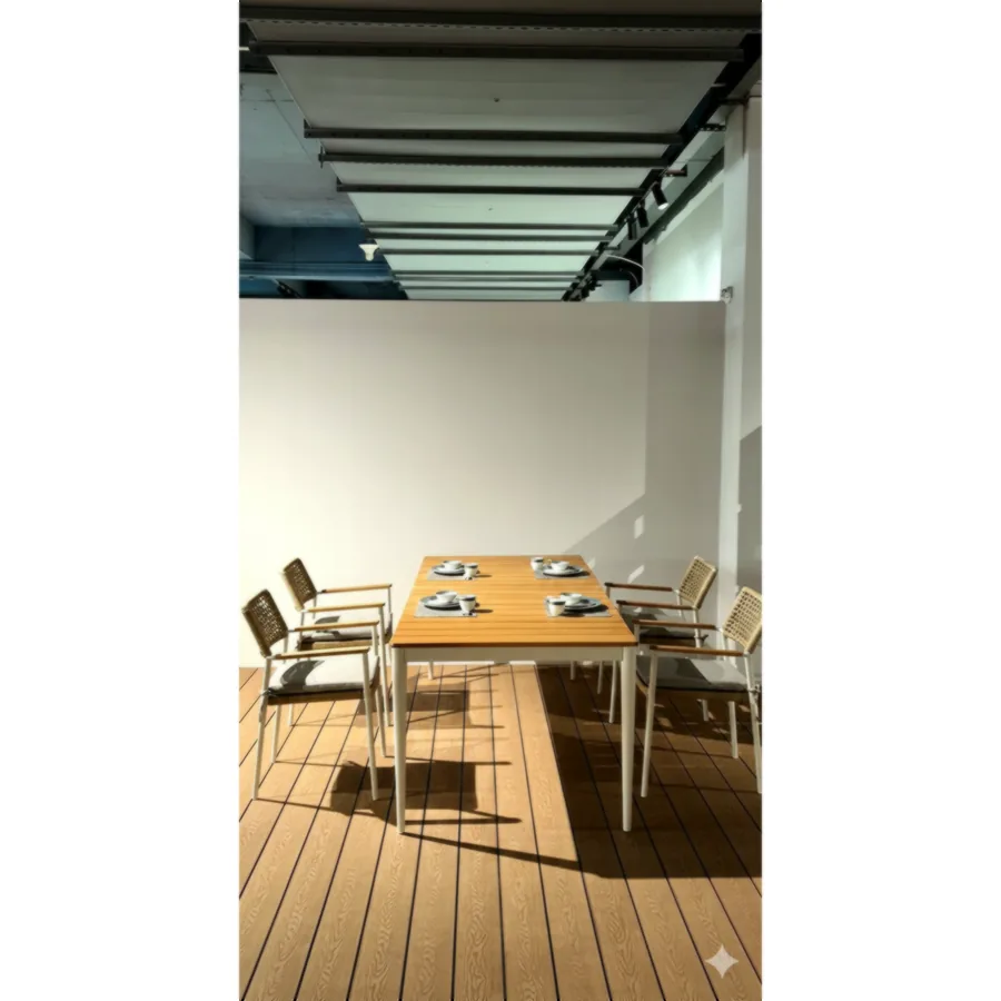 Furmeiz Long Outdoor Dining Table – South American Teak & Aluminum