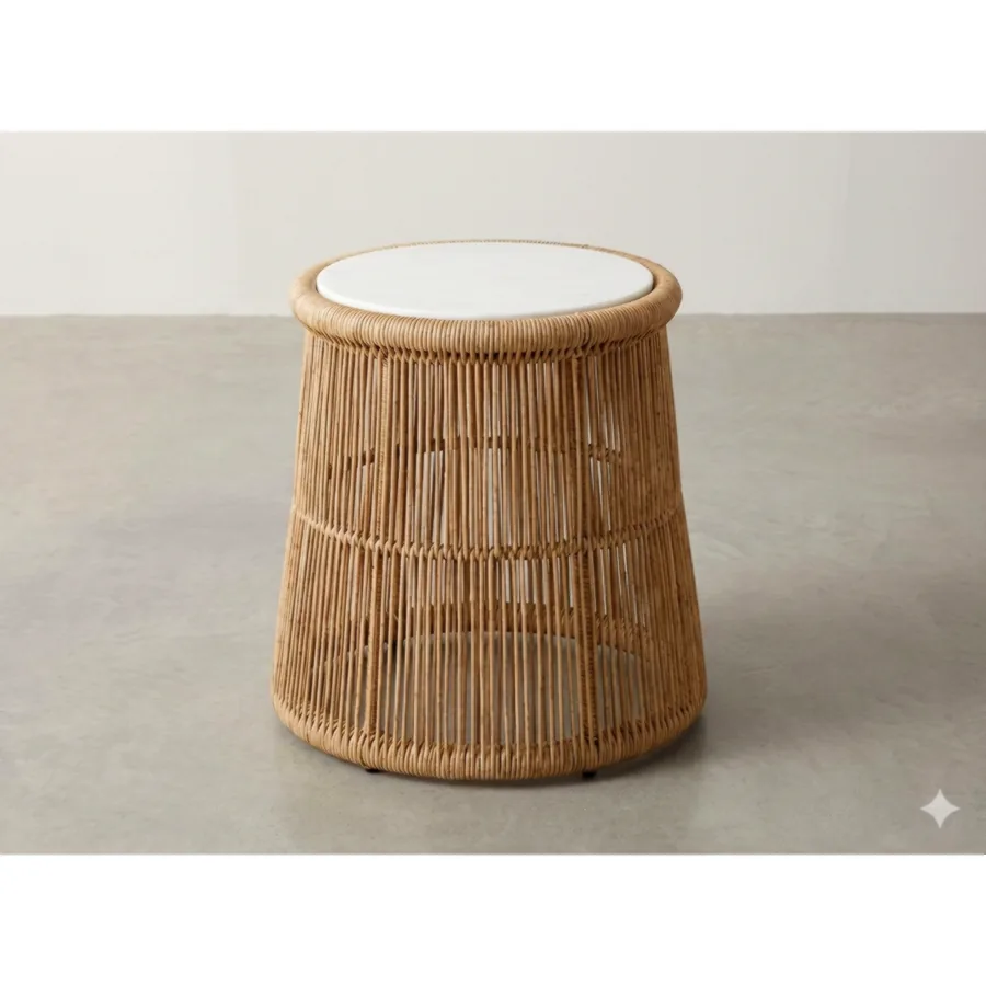 Furmeiz  Coffee Table – Wood-Grain Wicker with Tempered Glass