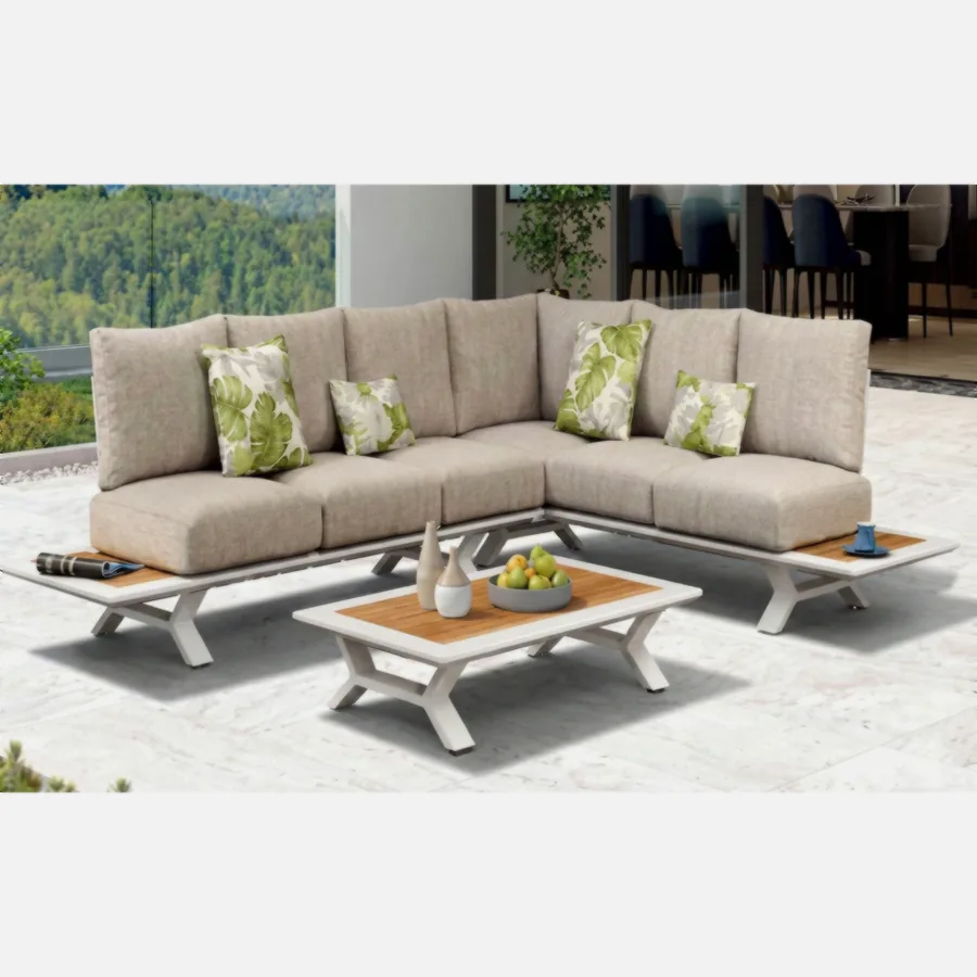 FURMEIZ 3-Piece L-Shape Outdoor Sofa Set with Teak Inlay