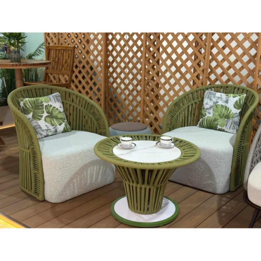 FURMEIZ Outdoor Coffee Table – Aluminum Alloy, Rope & Stone Slab