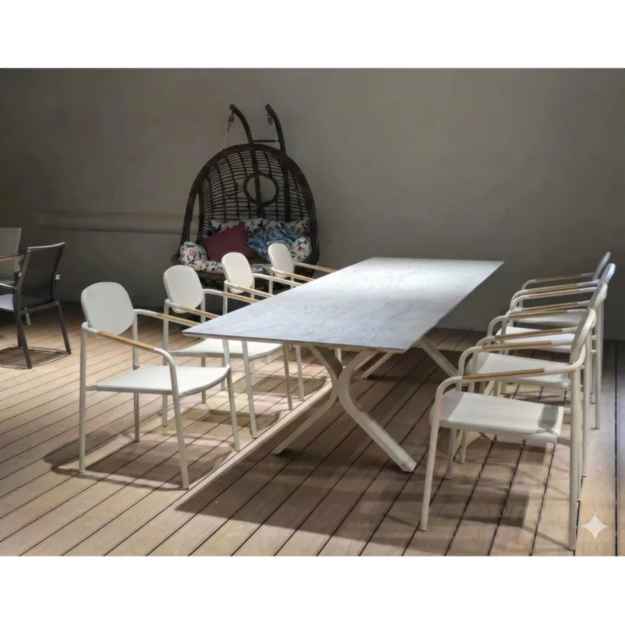 Furmeiz Extendable Table 240–300 cm – Sintered Stone Top, Ivory White Finish