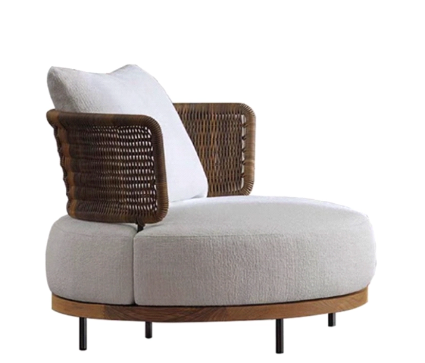 MK Round Single Outdoor Sofa – Teak Wood Frame & PE Rattan