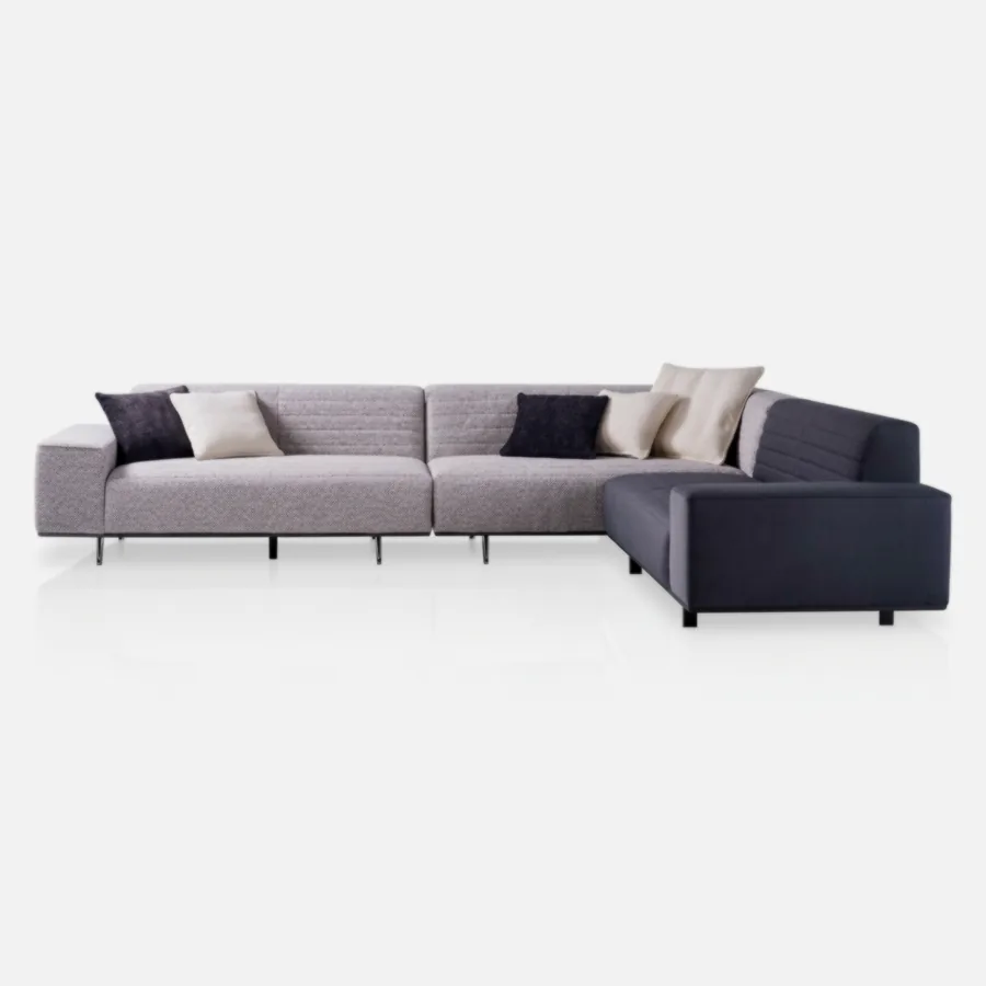 FURMEIZ Luxury Corner Modular Sofa (3-Seater + Corner + 3-Seater) – Fabric & Matte Leather Design (Ocean Grey & Sand Blue Edition)